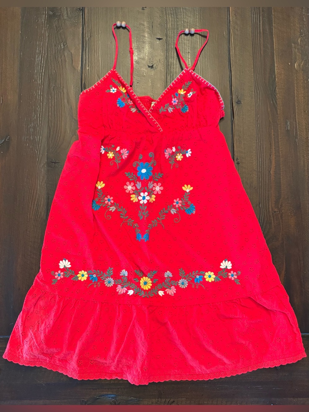 Flying Tomato Red Floral Embroidered Sundress Large Red Adjustable Straps Boho